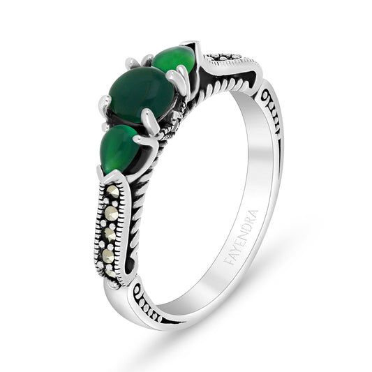 Sterling Silver 925 Ring Embedded With Natural Green Agate And Marcasite Stones