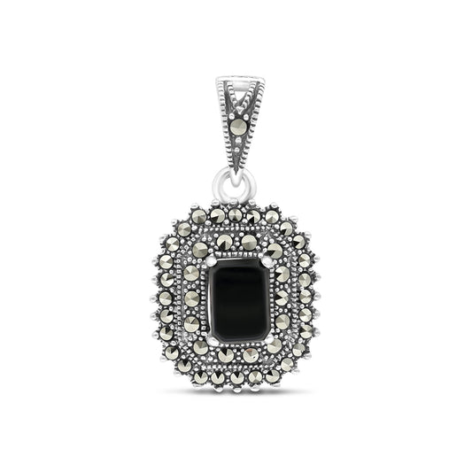 Sterling Silver 925 Pendant Embedded With Natural Black Agate And Marcasite Stones