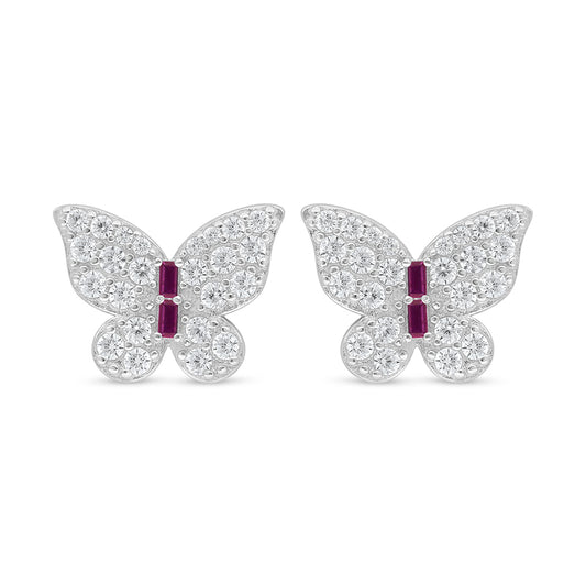 Sterling Silver 925 Earring Rhodium Plated Embedded With Ruby Corundum And White Zircon