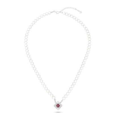 Sterling Silver 925 Necklace Rhodium Plated Embedded With Natural White Pearl, Ruby Corundum And White Zircon
