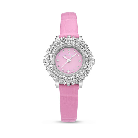 Stainless Steel 316 Watch Silver Color Pink Leather Embedded With White Zircon - PINK MOP DIAL