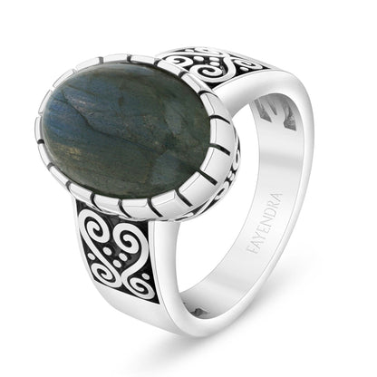 Sterling Silver 925 Ring Rhodium And Black Plated Embedded With Cabochon Labradorite For Men