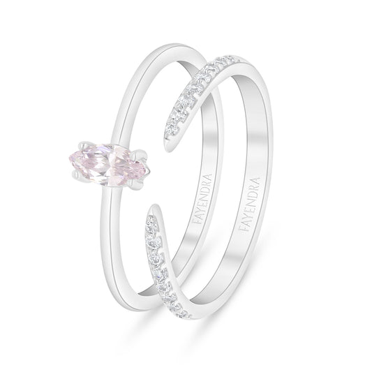 Sterling Silver 925 Ring (Twins) Rhodium Plated Embedded With Pink Zircon