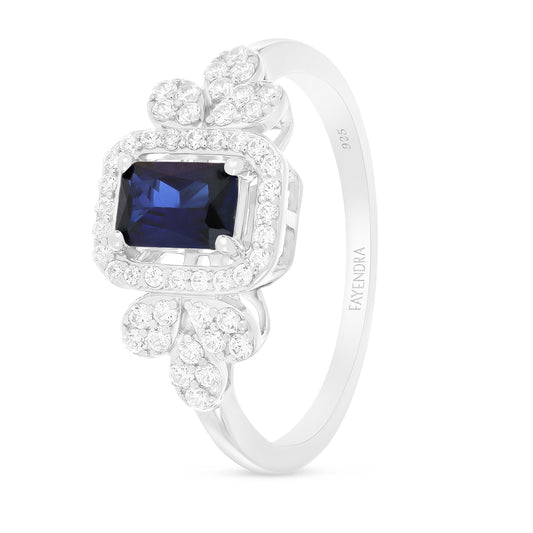 Sterling Silver 925 Ring Rhodium Plated Embedded With Sapphire Corundum And White Zircon