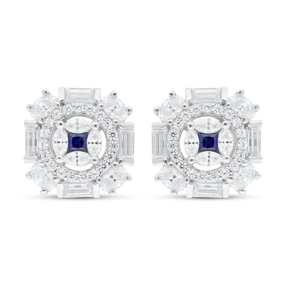 Sterling Silver 925 Earring Rhodium Plated Embedded With Sapphire Corundum And White Zircon