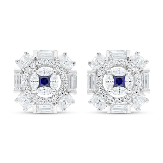 Sterling Silver 925 Earring Rhodium Plated Embedded With Sapphire Corundum And White Zircon