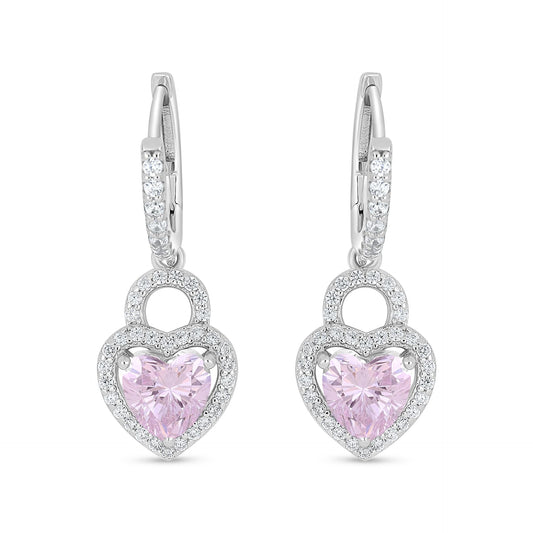 Sterling Silver 925 Earring Rhodium Plated Embedded With Pink Zircon And White Zircon