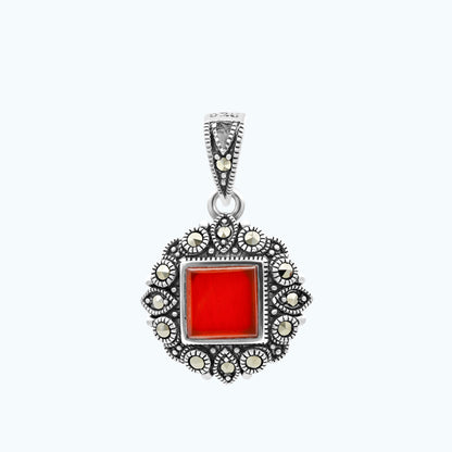 Sterling Silver 925 Pendant Embedded With Natural Aqiq And Marcasite Stones