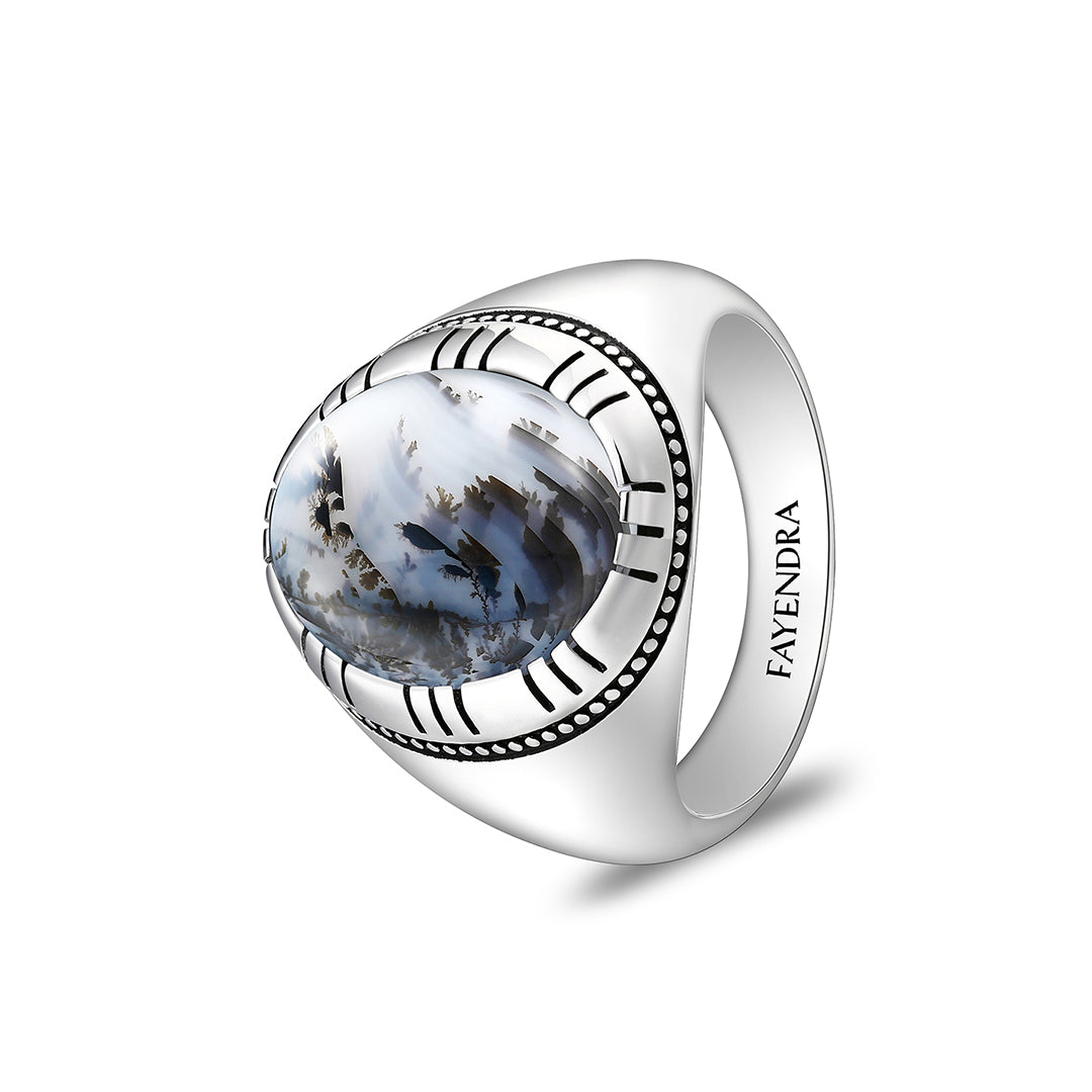 Sterling Silver 925 Ring Rhodium And Black Plated Embedded With Natural Agate Cabochon For Men