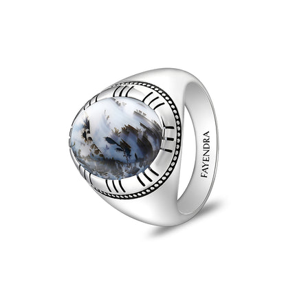 Sterling Silver 925 Ring Rhodium And Black Plated Embedded With Natural Agate Cabochon For Men