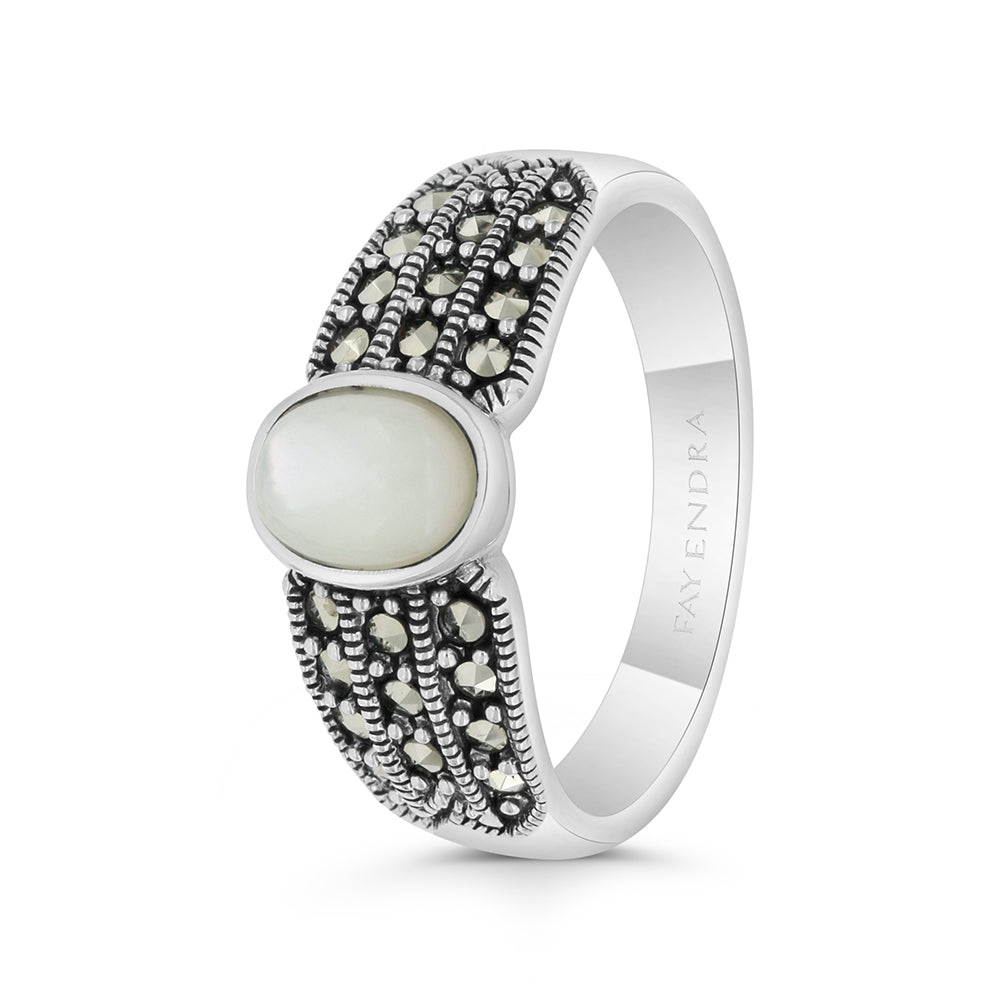Sterling Silver 925 Ring Embedded With Natural White Shell And Marcasite Stones