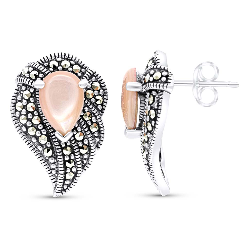 Sterling Silver 925 Earring Embedded With Natural Pink Shell And Marcasite Stones