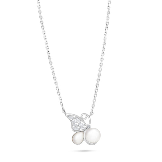 Sterling Silver 925 Necklace Rhodium Plated Embedded With Natural White Pearl And White Shell And White Zircon