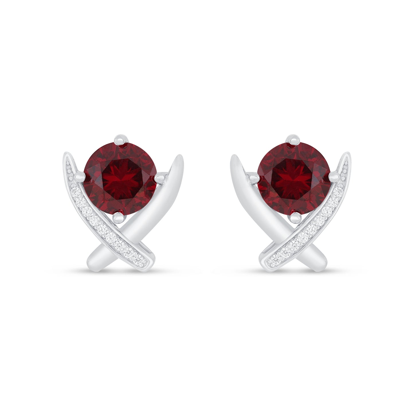 Sterling Silver 925 Earring Rhodium Plated Embedded With Ruby Corundum And White Zircon
