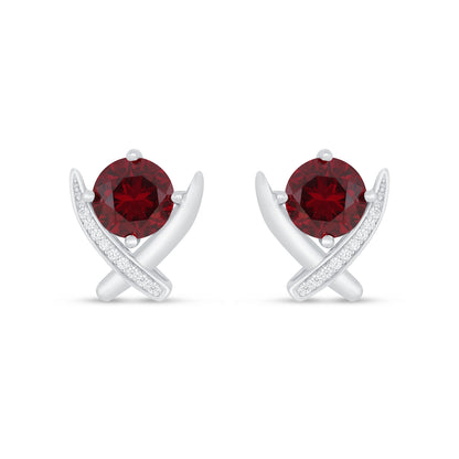 Sterling Silver 925 Earring Rhodium Plated Embedded With Ruby Corundum And White Zircon