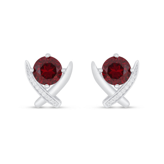 Sterling Silver 925 Earring Rhodium Plated Embedded With Ruby Corundum And White Zircon