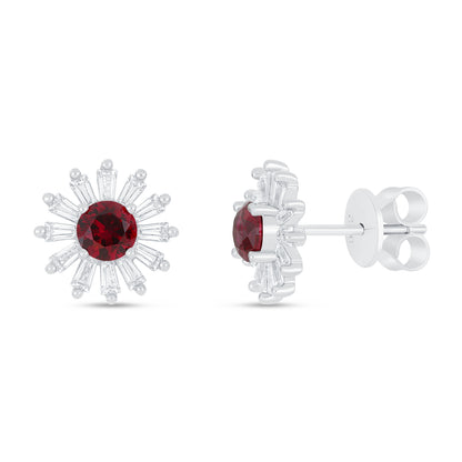 Sterling Silver 925 Earring Rhodium Plated Embedded With Ruby Corundum And White Zircon