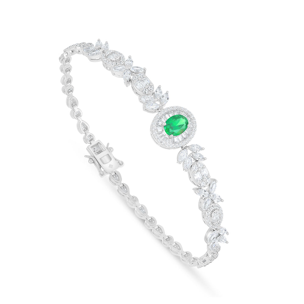 Sterling Silver 925 Set Rhodium Plated Embedded With Emerald Zircon And White Zircon