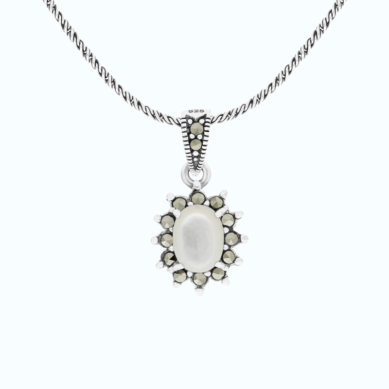 Sterling Silver 925 Pendant Embedded With Natural White Shell And Marcasite Stones