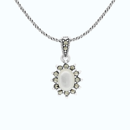 Sterling Silver 925 Pendant Embedded With Natural White Shell And Marcasite Stones