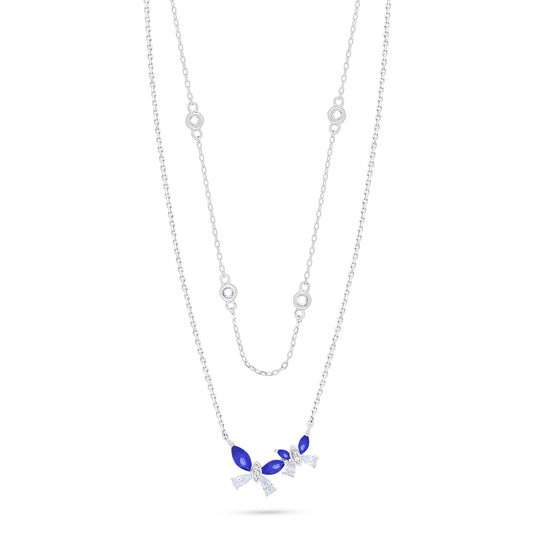 Sterling Silver 925 Necklace Rhodium Plated Embedded With Sapphire Corundum And White Zircon
