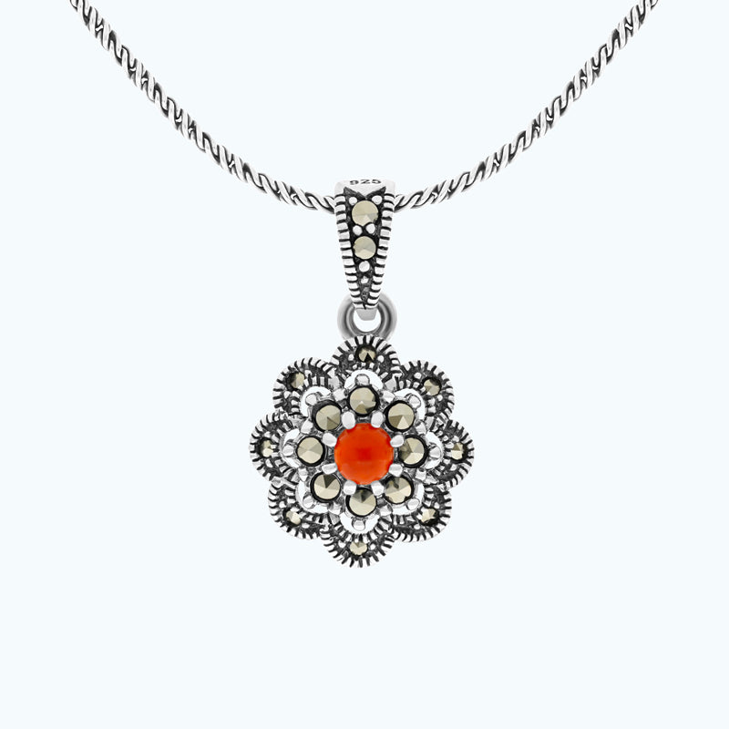 Sterling Silver 925 Pendant Embedded With Natural Aqiq And Marcasite Stones