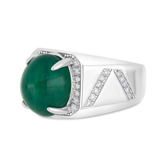 خاتم رجالي عيار 925 مطلي روديوم مرصع بحجر الزمرد الطبيعي و الالماس الطبيعي سي في دي جودة في في اس