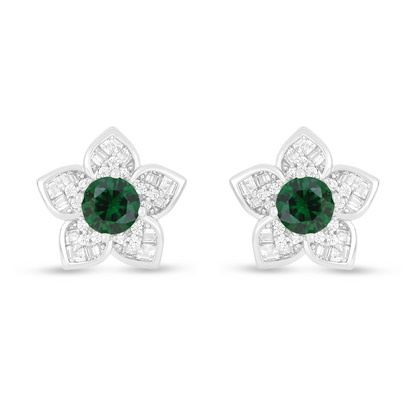 Sterling Silver 925 Earring Rhodium Plated Embedded With Emerald Zircon And White Zircon