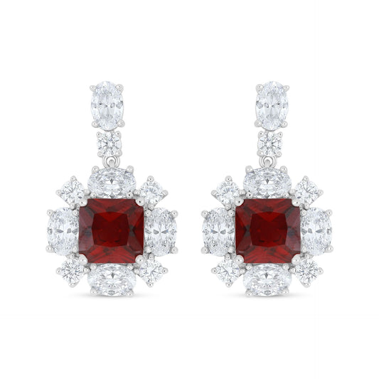 Sterling Silver 925 Earring Rhodium Plated Embedded With Ruby Corundum And White Zircon