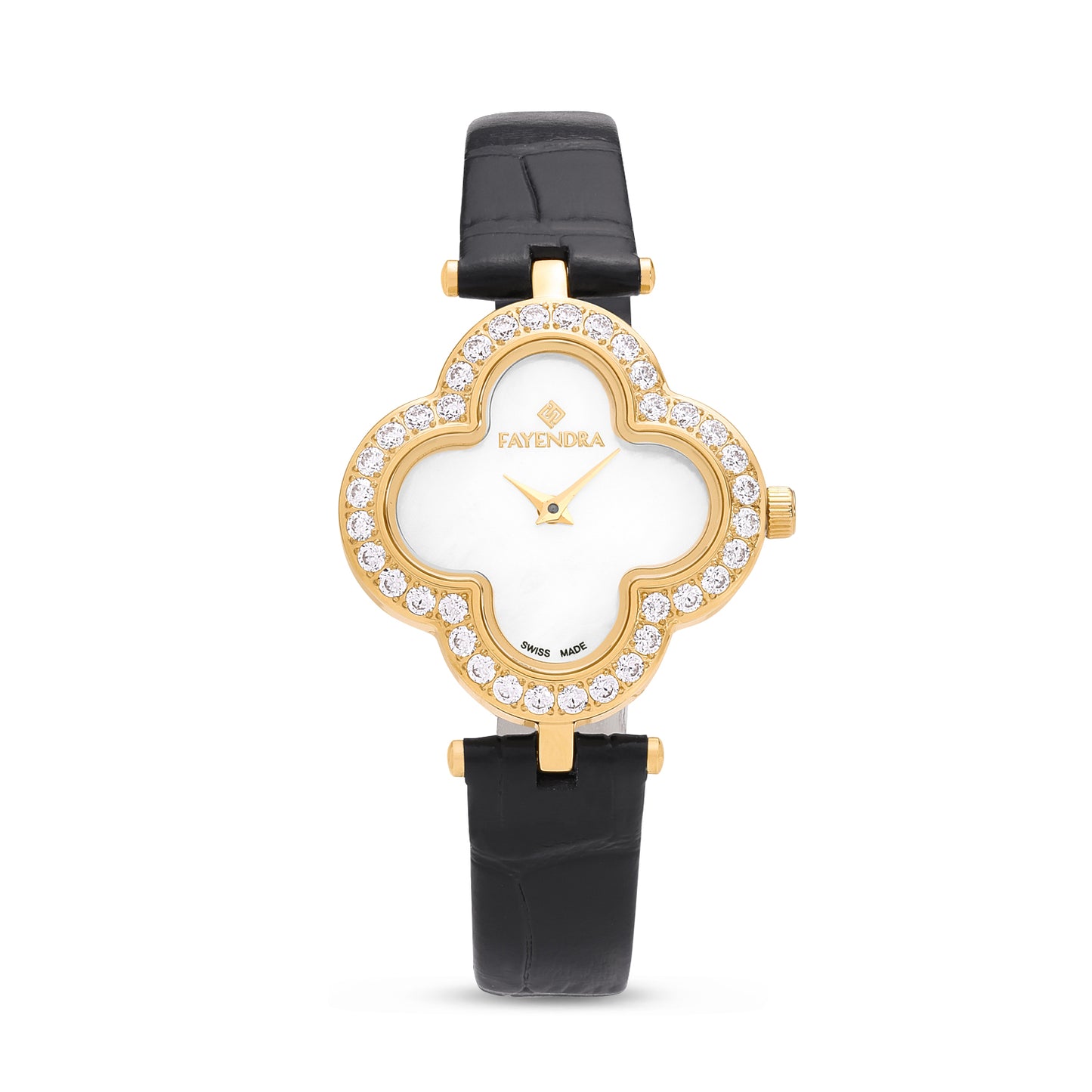 Stainless Steel 316L Watch Golden Color Black Leather Embedded With White Zircon - WHITE MOP DIAL
