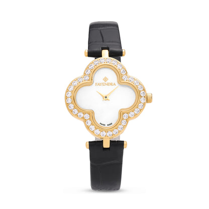 Stainless Steel 316L Watch Golden Color Black Leather Embedded With White Zircon - WHITE MOP DIAL