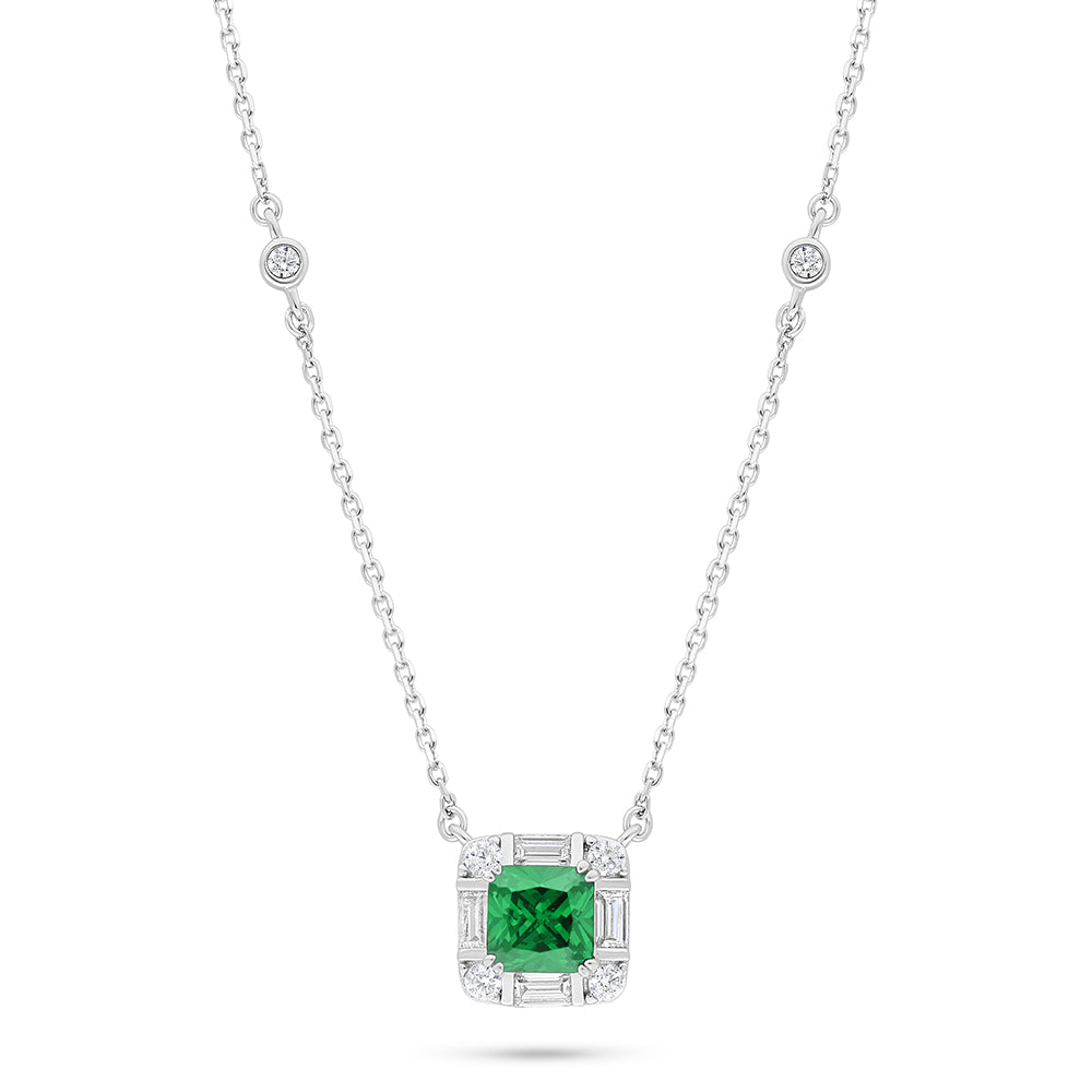 Sterling Silver 925 Necklace Rhodium Plated Embedded With Emerald Zircon And White Zircon