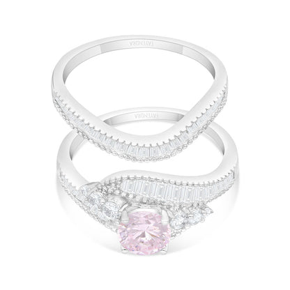 Sterling Silver 925 Ring (Twins) Rhodium Plated Embedded With Pink Zircon And White Zircon