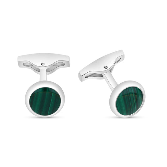 Stainless Steel Cufflink 316L Silver Color Embedded With Malachite Shiny Steel