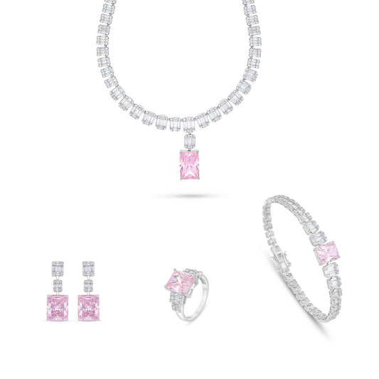 Sterling Silver 925 Set Rhodium Plated Embedded With Pink Zircon And White Zircon