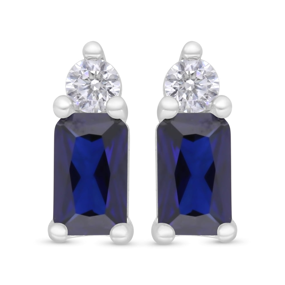 Sterling Silver 925 Earring Rhodium Plated Embedded With Sapphire Corundum And White Zircon