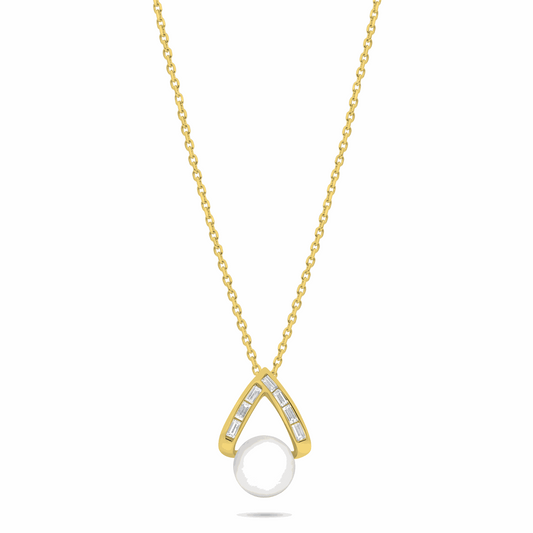 Sterling Silver 925 Necklace Golden Plated Embedded With Natural White Pearl And White Zircon