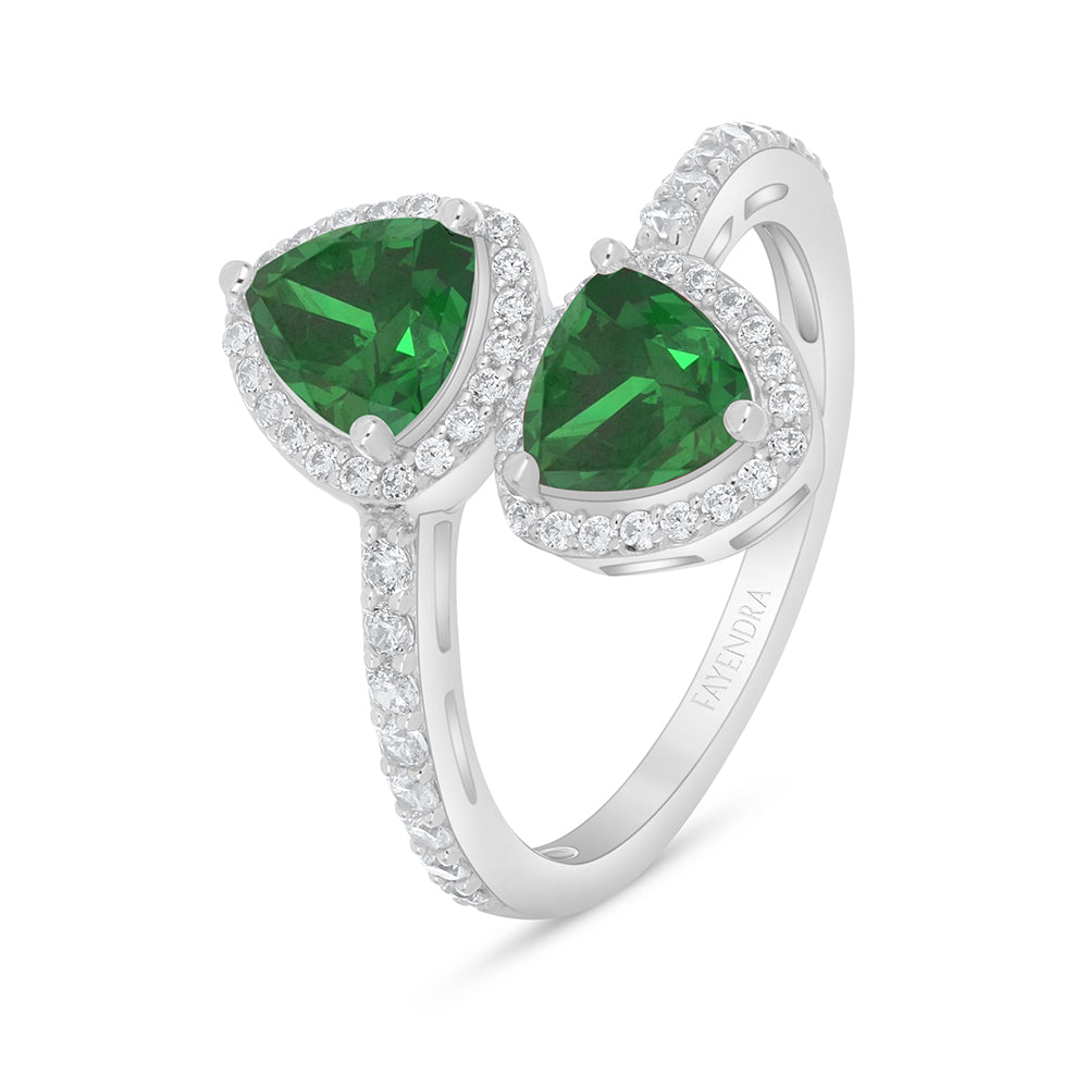 Sterling Silver 925 Ring Rhodium Plated Embedded With Emerald Zircon And White Zircon