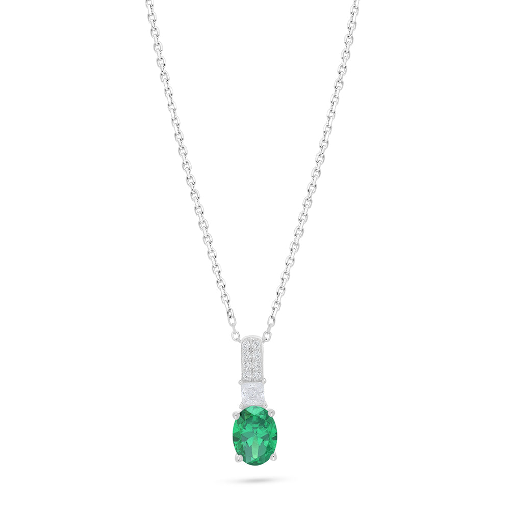 Sterling Silver 925 Necklace Rhodium Plated Embedded With Emerald Zircon And White Zircon
