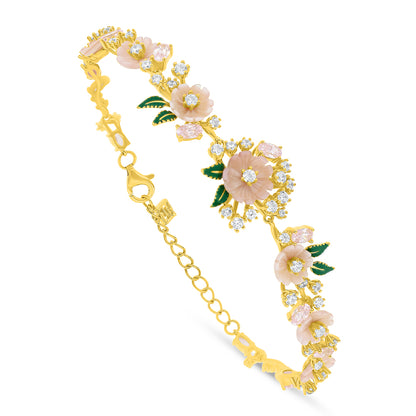 Sterling Silver 925 Bracelet Golden Plated Embedded With Pink Shell And Pink Zircon And White Zircon