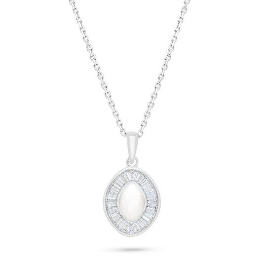 عقد من الفضة الخالصة عيار 925 مطلي روديوم مرصع صدف ابيض و فص ابيض