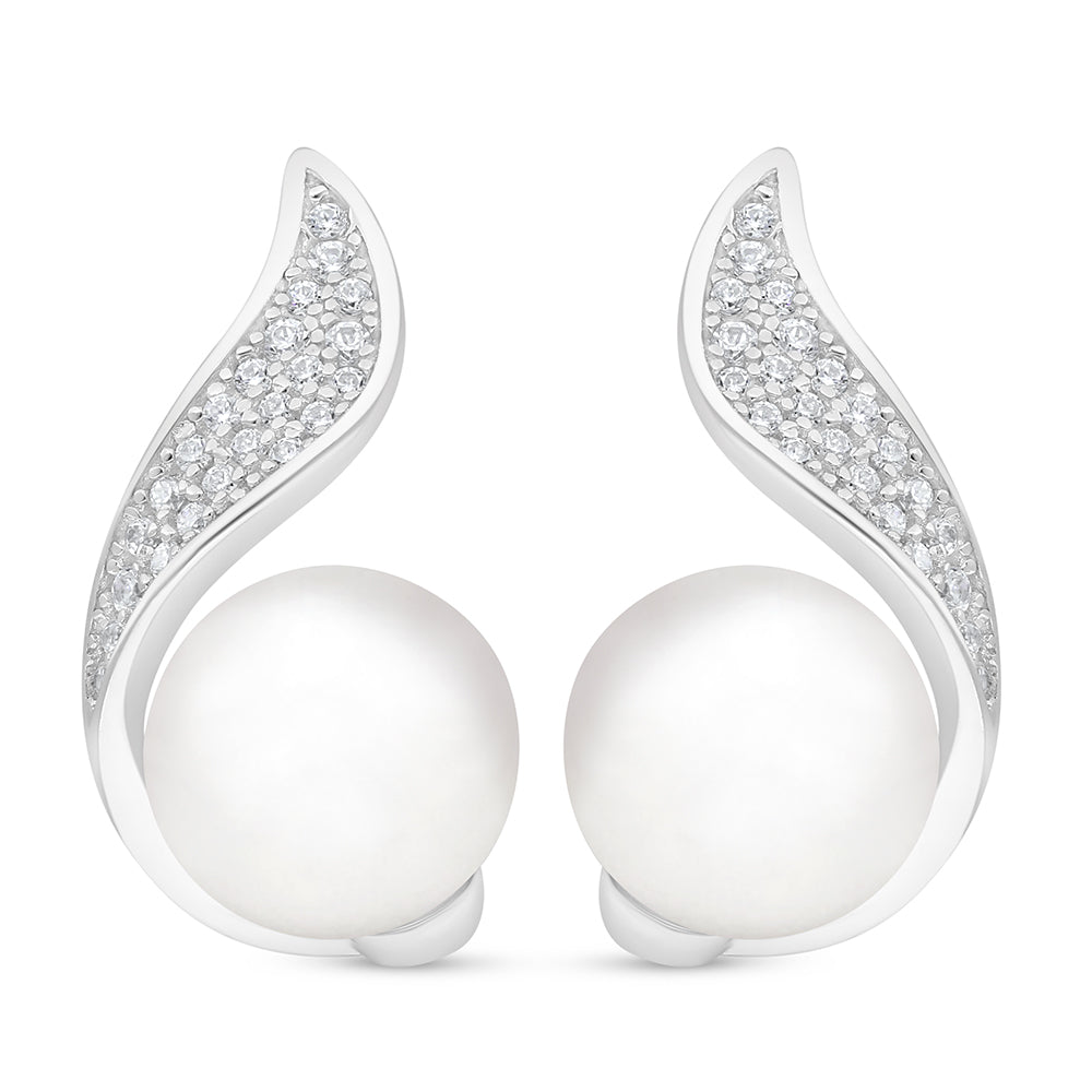 اقراط من الفضة الخالصة عيار 925 مطلية روديوم مرصعة لولو ابيض طبيعي و فص ابيض