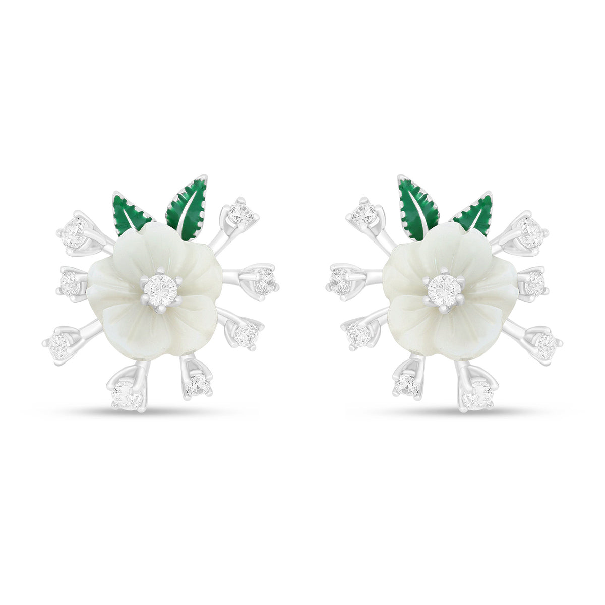 Sterling Silver 925 Earring Rhodium Plated Embedded With White Shell And White Zircon