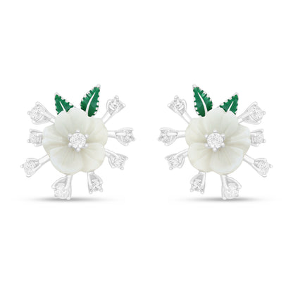 Sterling Silver 925 Earring Rhodium Plated Embedded With White Shell And White Zircon