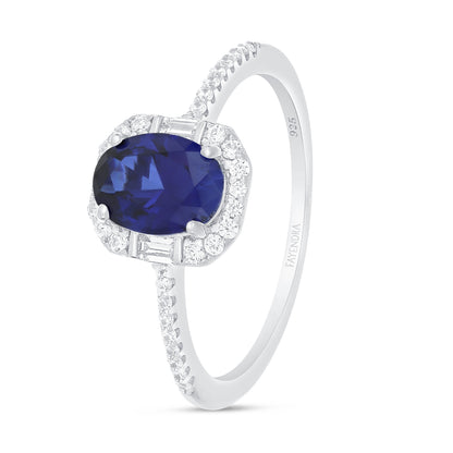 Sterling Silver 925 Ring Rhodium Plated Embedded With Sapphire Corundum And White Zircon