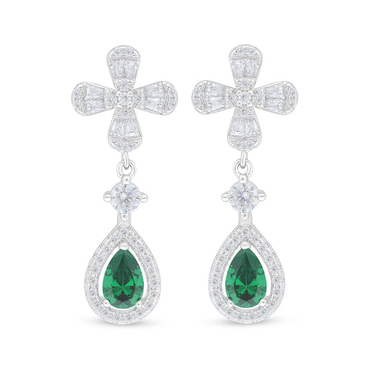 Sterling Silver 925 Earring Rhodium Plated Embedded With Emerald Zircon And White Zircon