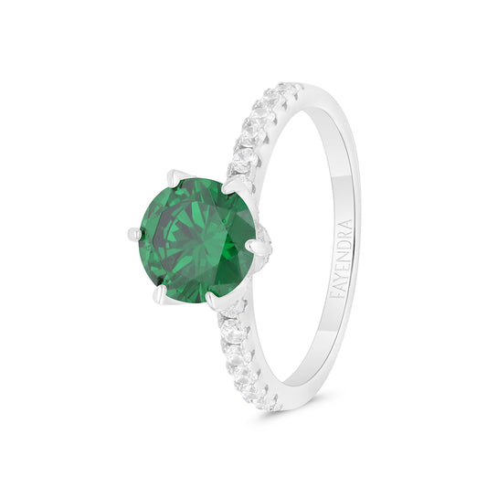 Sterling Silver 925 Ring Rhodium Plated Embedded With Emerald Zircon And White CZ