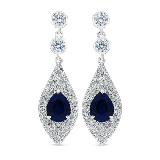 Sterling Silver 925 Earring Rhodium Plated Embedded With Sapphire Corundum And White Zircon