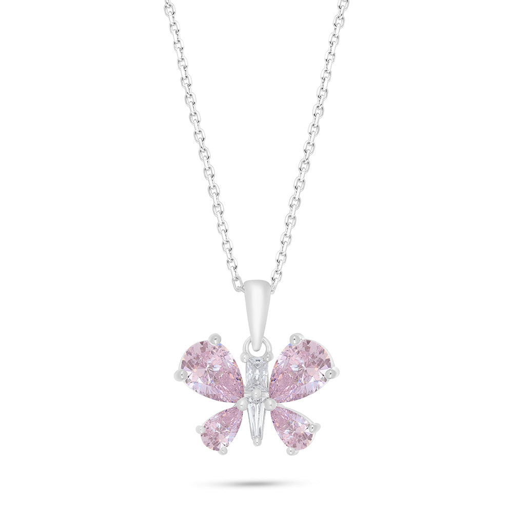 Sterling Silver 925 Necklace Rhodium Plated Embedded With pink Zircon And White Zircon