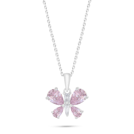 Sterling Silver 925 Necklace Rhodium Plated Embedded With pink Zircon And White Zircon